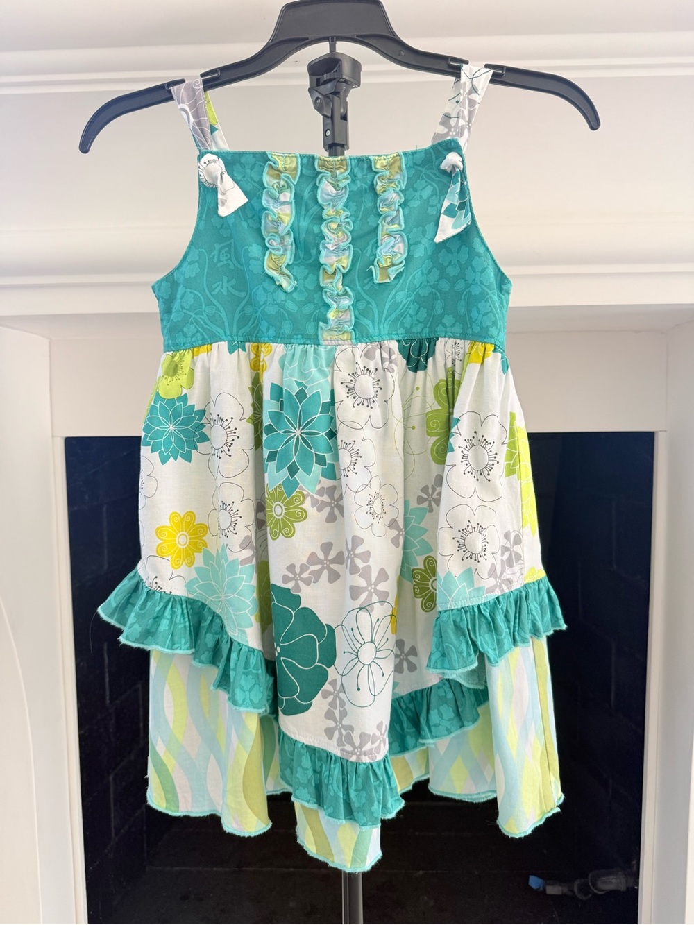 Girls' Teal Floral Ruffle Summer Dress- Size 7/8